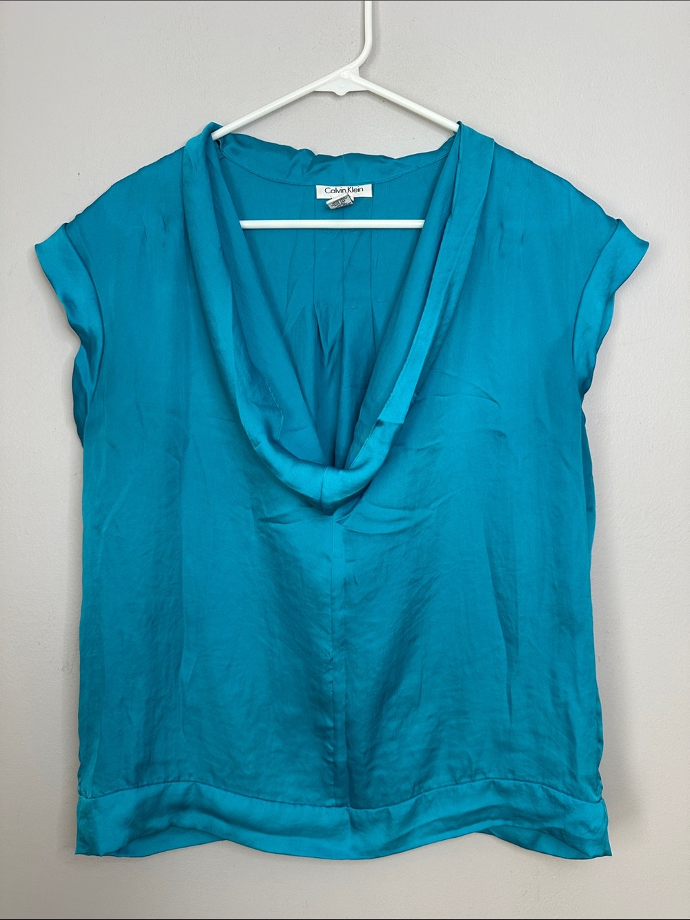 Calvin Klein Vibrant Teal Cowl Neck Cap Sleeve Blouse size L